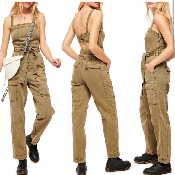 FREE PEOPLE Small Go West Utility Jumpsuit in Moss Revolve Open Back Cargo S - Picture 2 of 16
